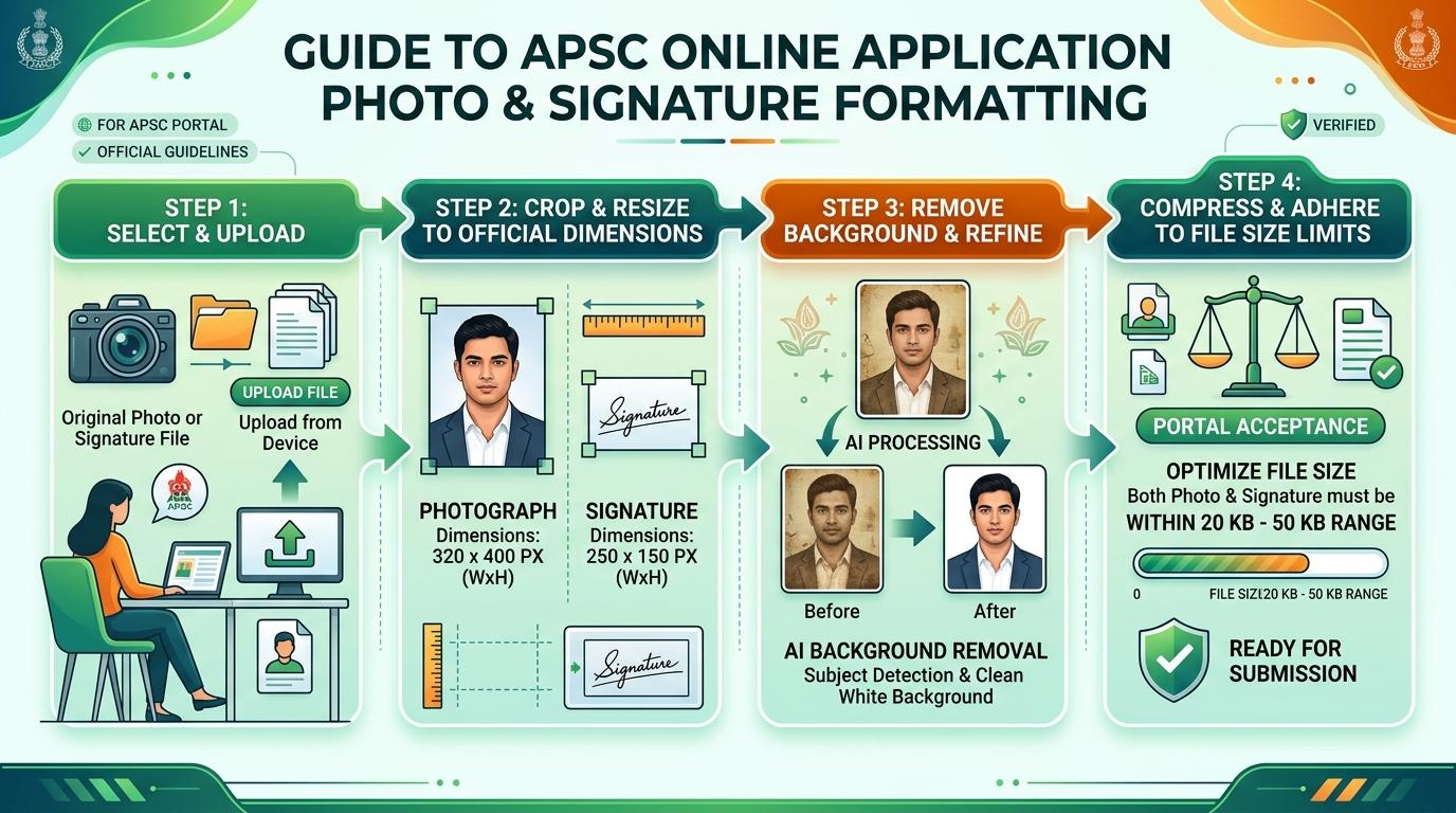 APSC Photo and Signature Resizing, Cropping, and Compression Process Visual Guide
