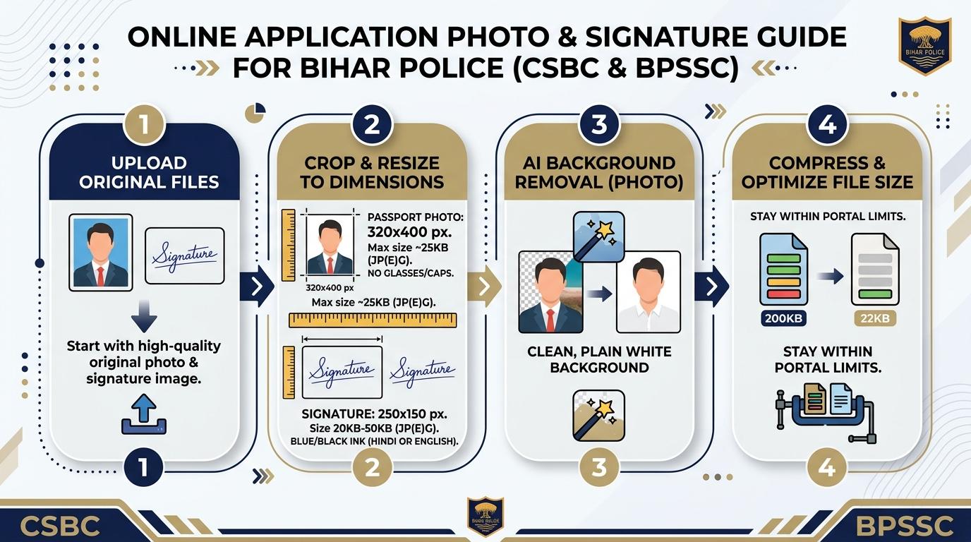 Bihar Police Photo and Signature Resizing, Cropping, and Compression Process Visual Guide