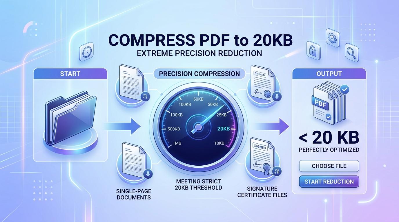 Infographic showing how to compress PDF to 20KB online with extreme precision reduction for single-page documents and signatures