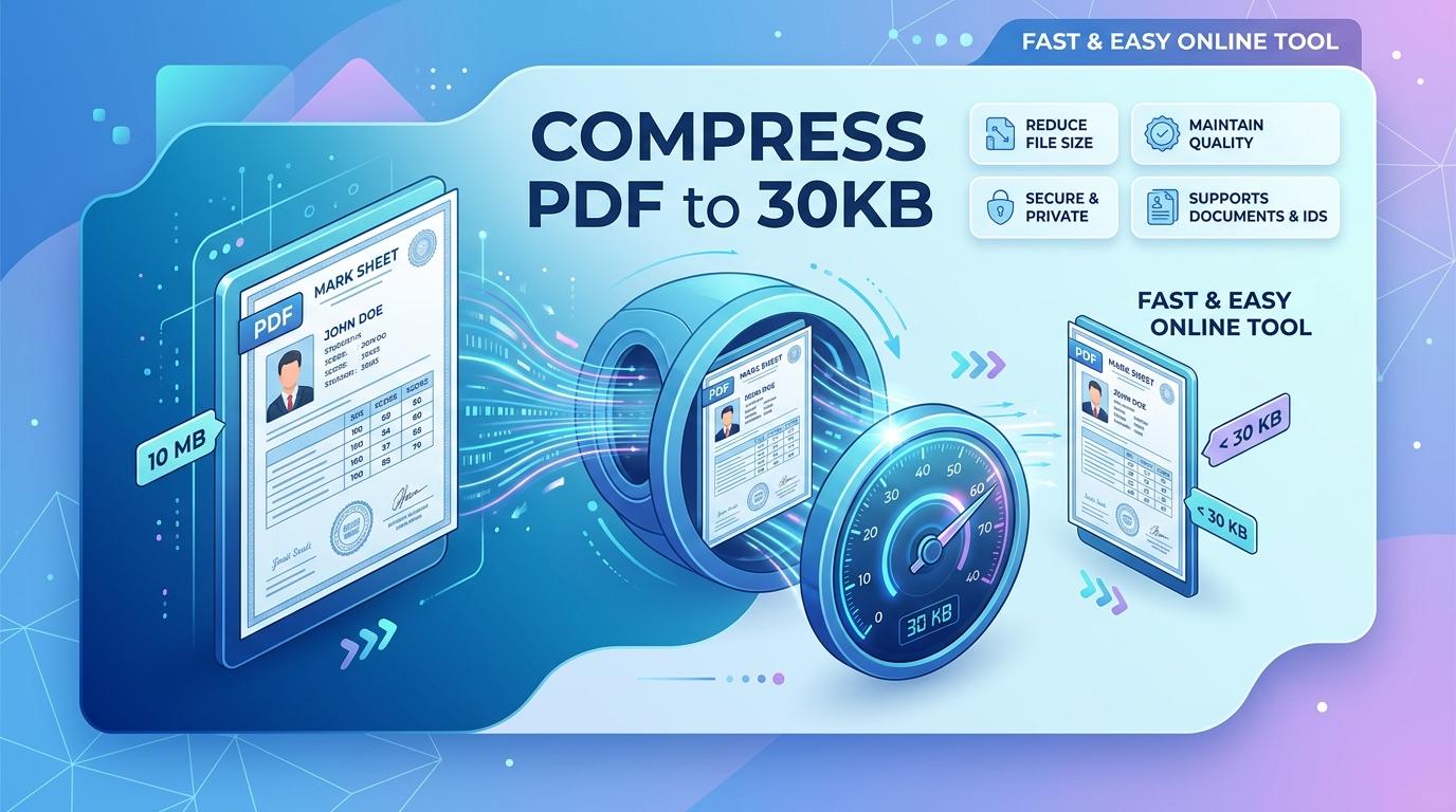 Infographic showing how to compress PDF to 30KB online with precision reduction for single-page documents and certificates