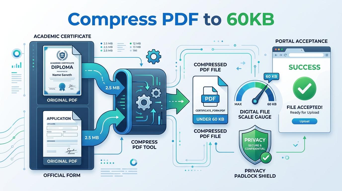 Infographic illustrating how to compress PDF to 60KB online with precision reduction for official forms and academic certificates