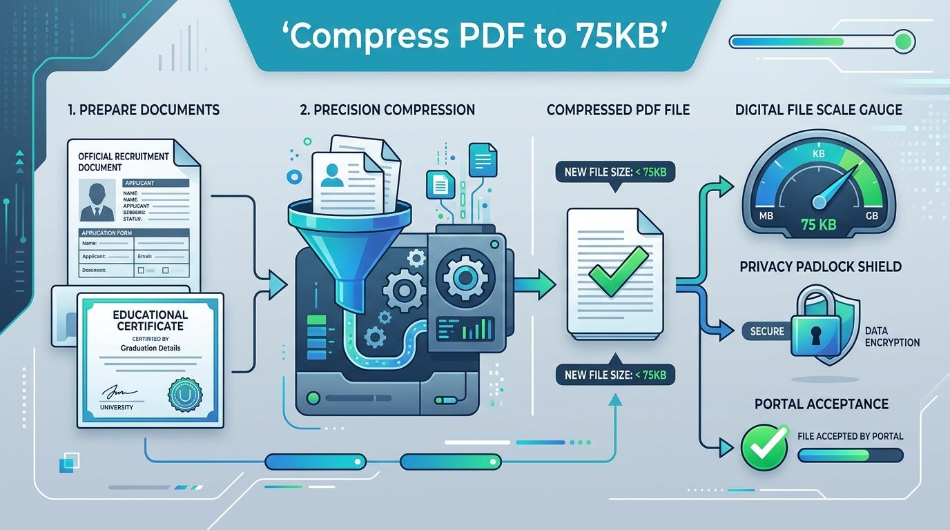 Infographic illustrating how to compress PDF to 75KB online with precision reduction for official forms and academic certificates