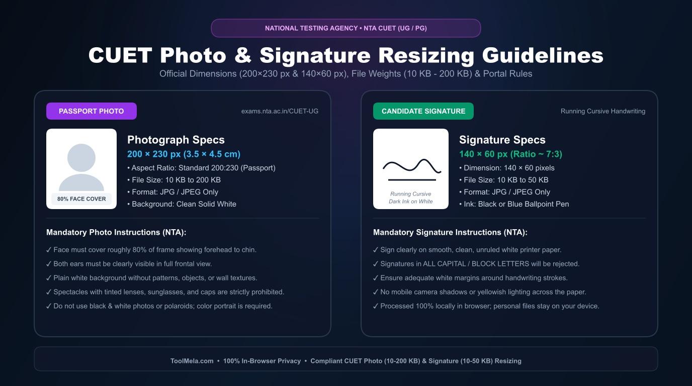 CUET Photo and Signature Resizing, Cropping, and Compression Process Visual Guide