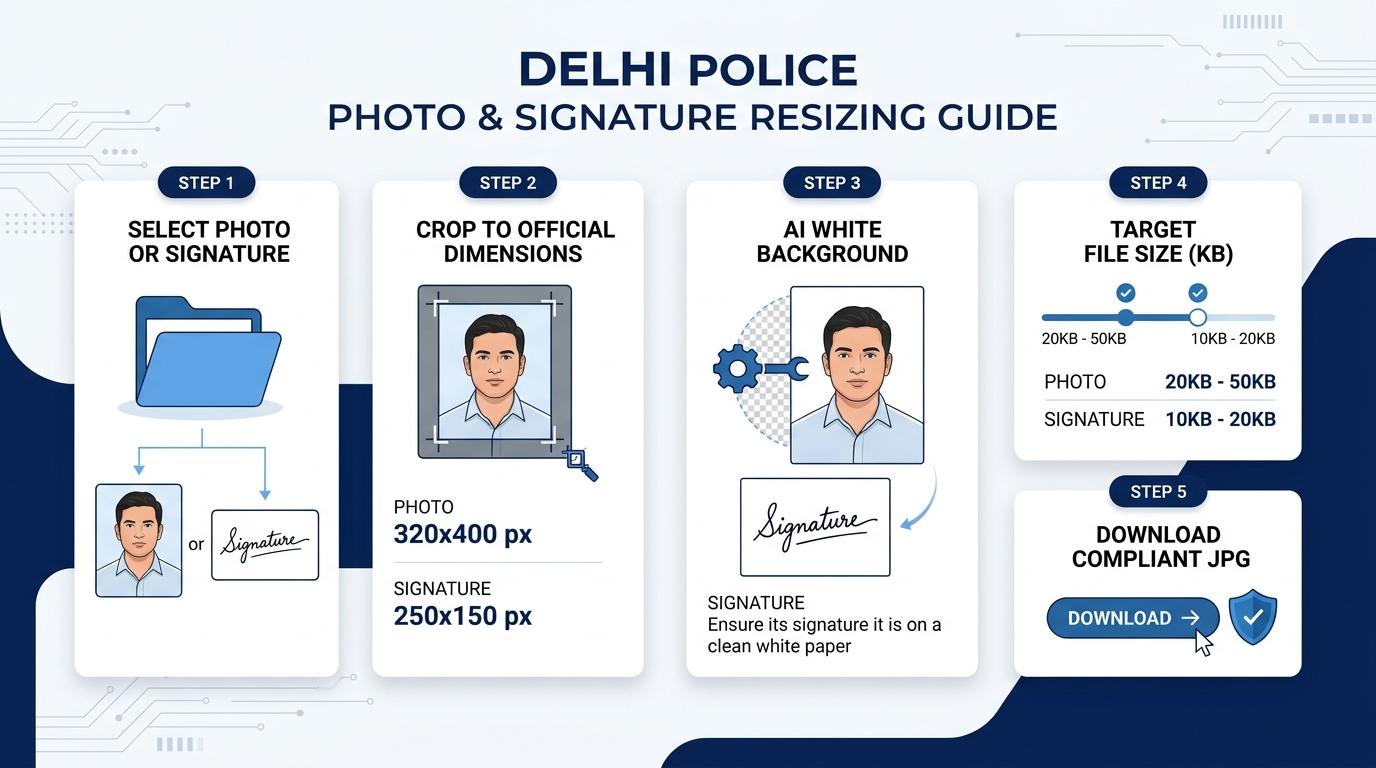 Delhi Police Photo and Signature Resizing, Cropping, and Compression Process Visual Guide