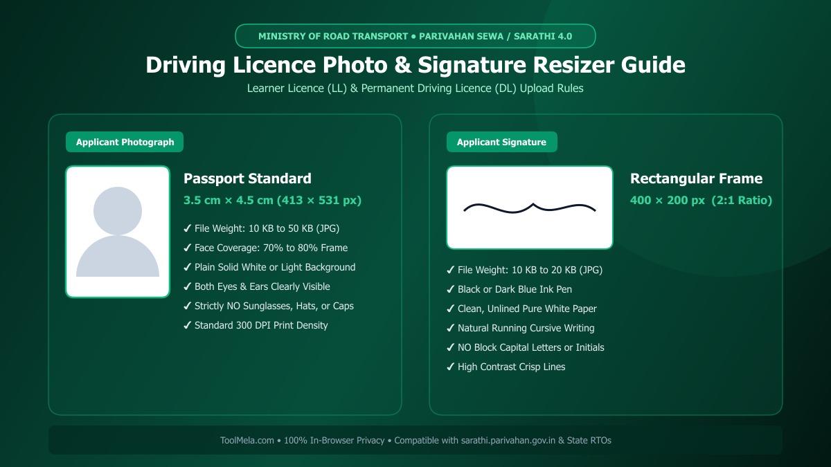 Driving License Photo and Signature Resizing, Cropping, and Compression Process Visual Guide
