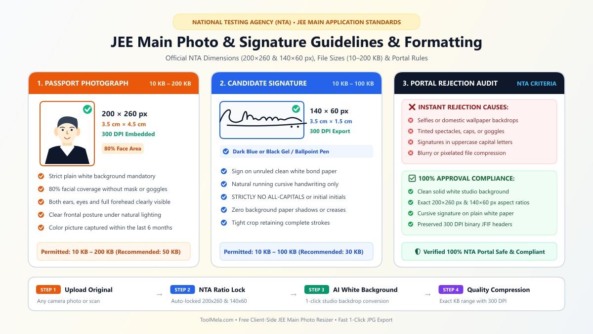 JEE Main Photo and Signature Resizing, Cropping, and Compression Process Visual Guide