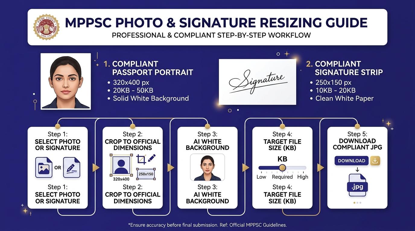 MPPSC Photo and Signature Resizing, Cropping, and Compression Process Visual Guide