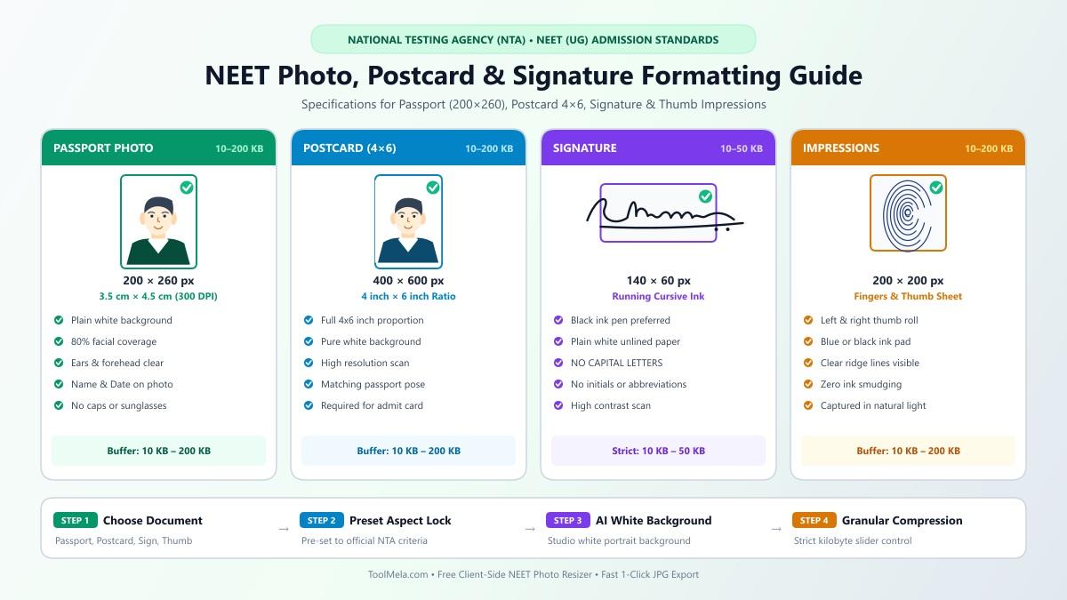 NEET Photo, Signature, Postcard, and Thumb Impression Resizing, Cropping, and Compression Process Visual Guide