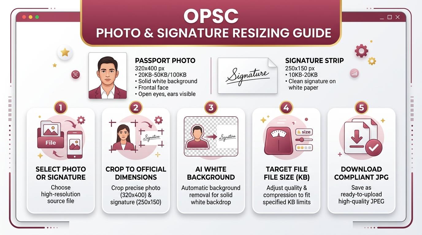 OPSC Photo and Signature Resizing, Cropping, and Compression Process Visual Guide