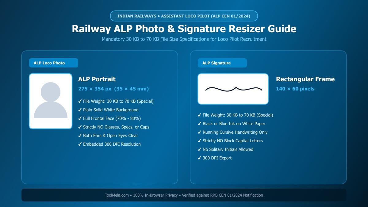 Railway ALP Photo and Signature Resizing, Cropping, and Compression Process Visual Guide