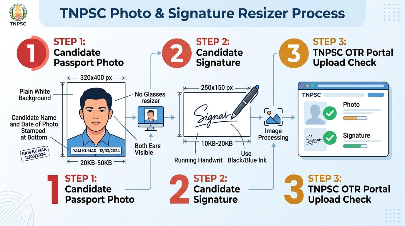 TNPSC Photo and Signature Resizing, Cropping, and Compression Process Visual Guide