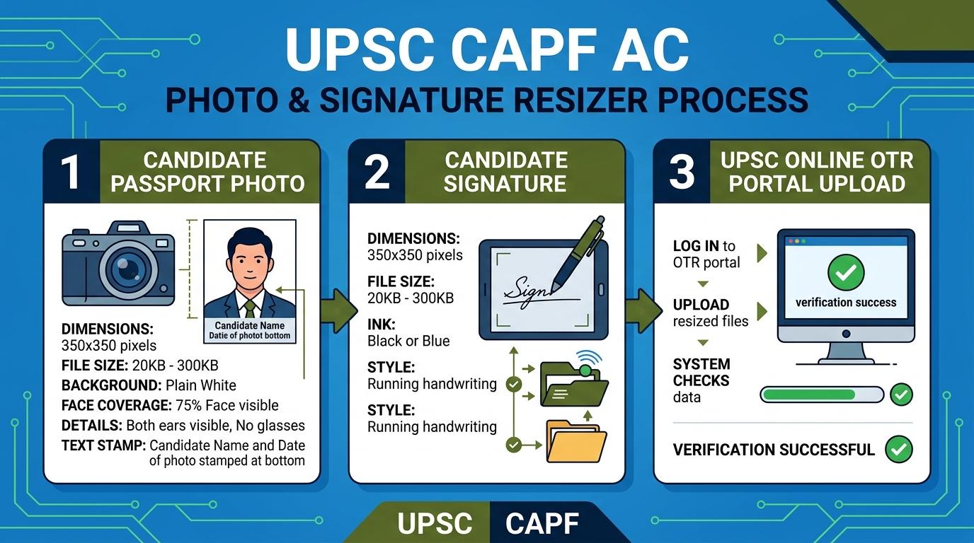 UPSC CAPF Photo and Signature Resizing, Cropping, and Compression Process Visual Guide