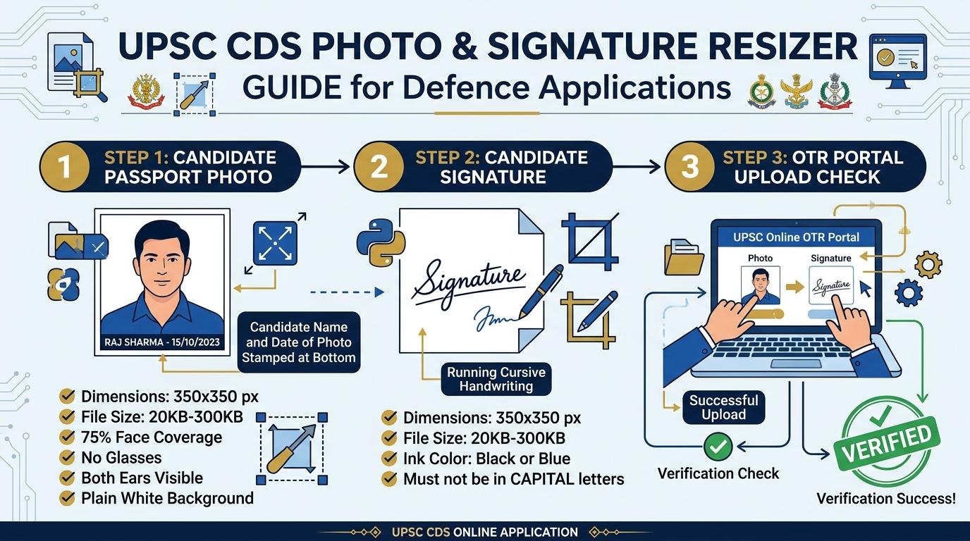 UPSC NDA Photo and Signature Resizing, Cropping, and Compression Process Visual Guide