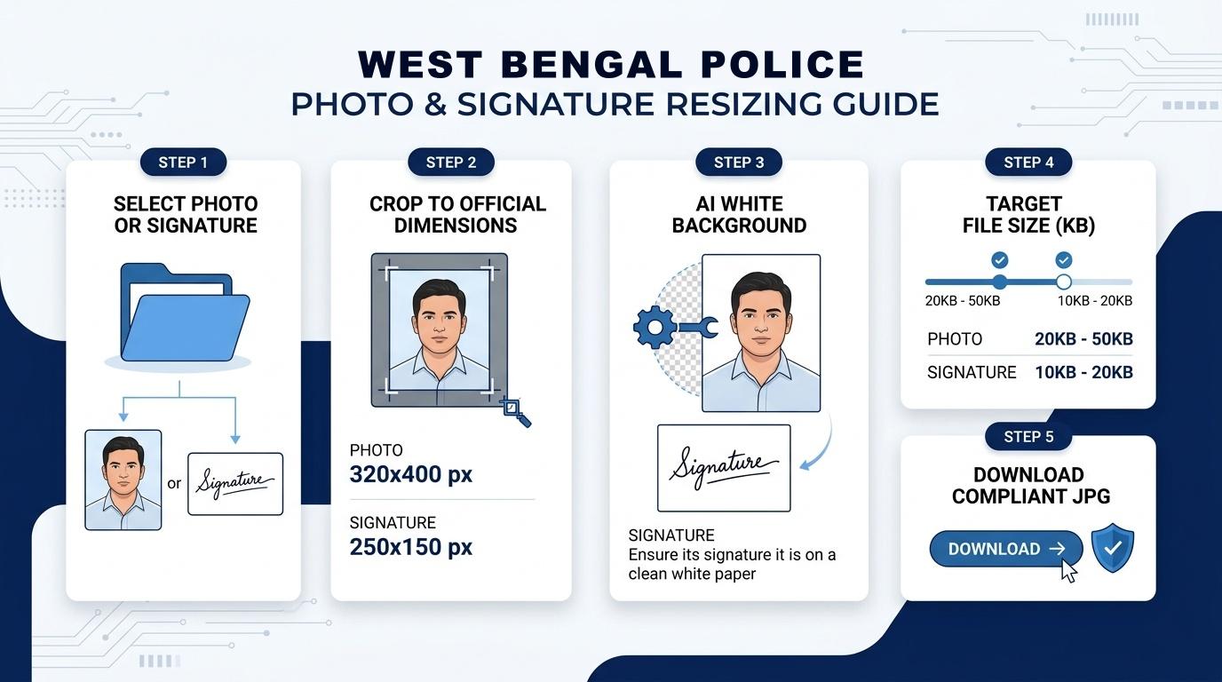 West Bengal Police Photo and Signature Resizing, Cropping, and Compression Process Visual Guide