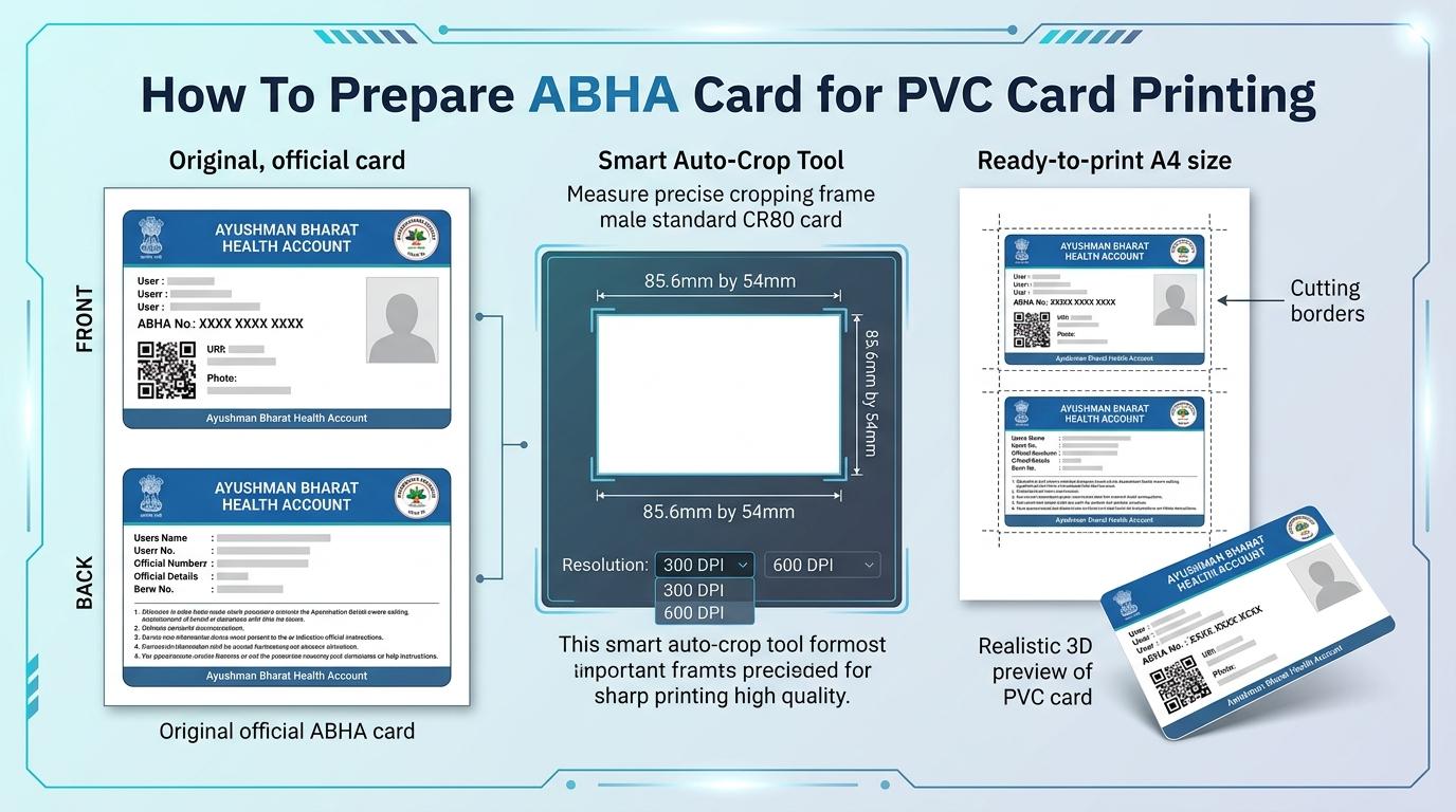 ABHA Card PVC Cropping, Sizing, and Print Layout Process Visual Guide