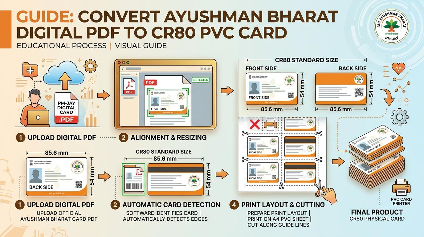 Ayushman Card PVC Cropping, Sizing, and Print Layout Process Visual Guide