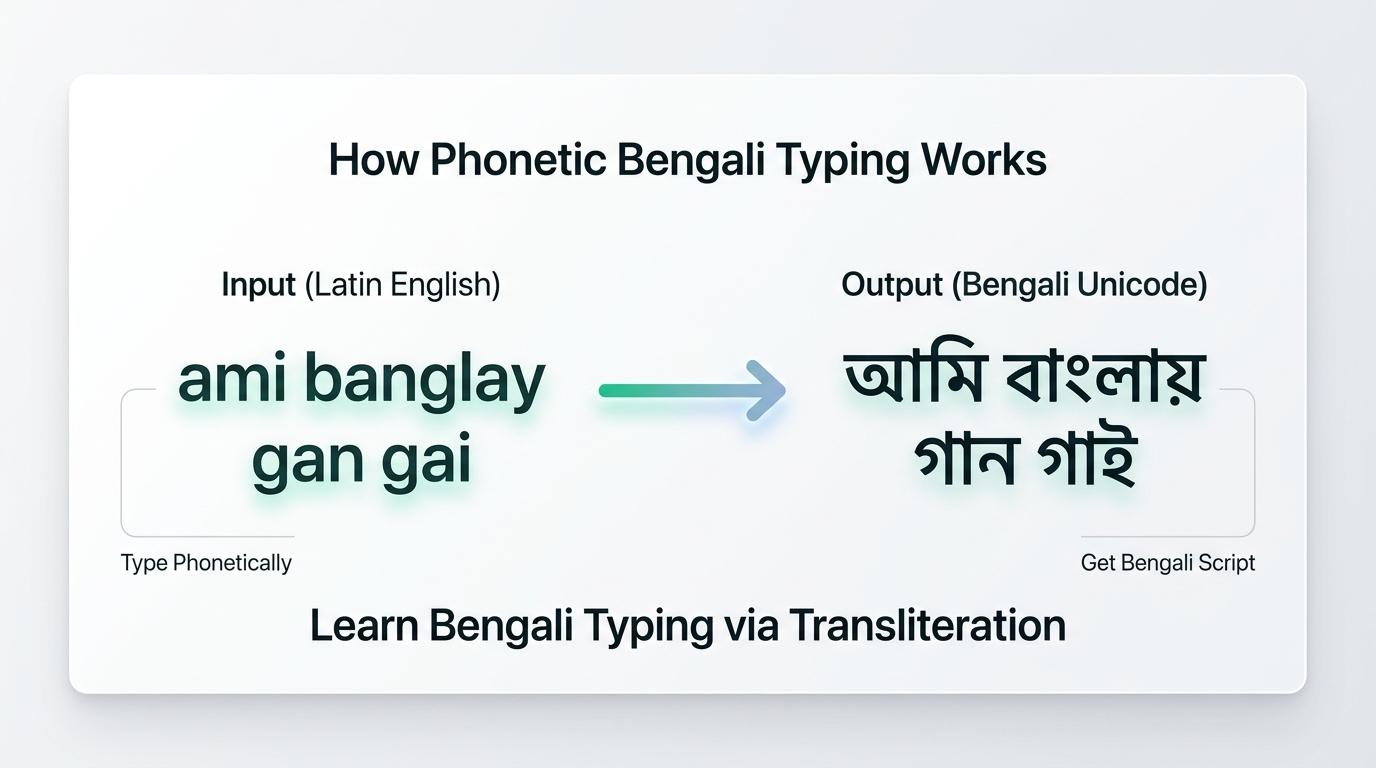 Visual guide showing how to type Bengali online using English keyboard transliteration