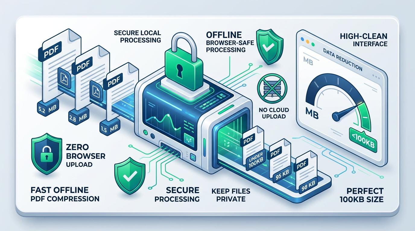 Infographic showing how to compress PDF to 100KB offline safely directly inside your web browser