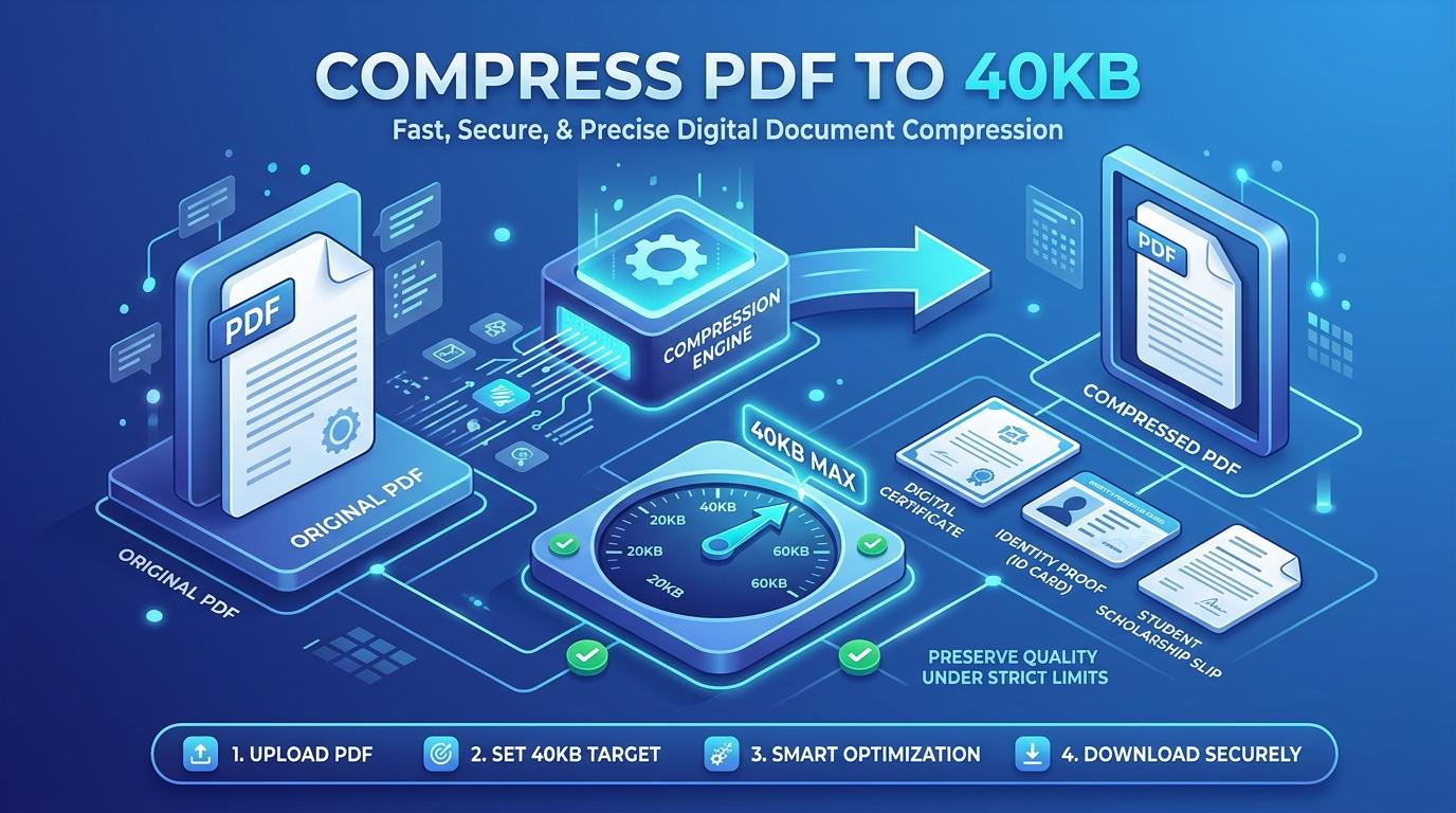 Infographic showing how to compress PDF to 40KB online with precision reduction for certificates and official forms