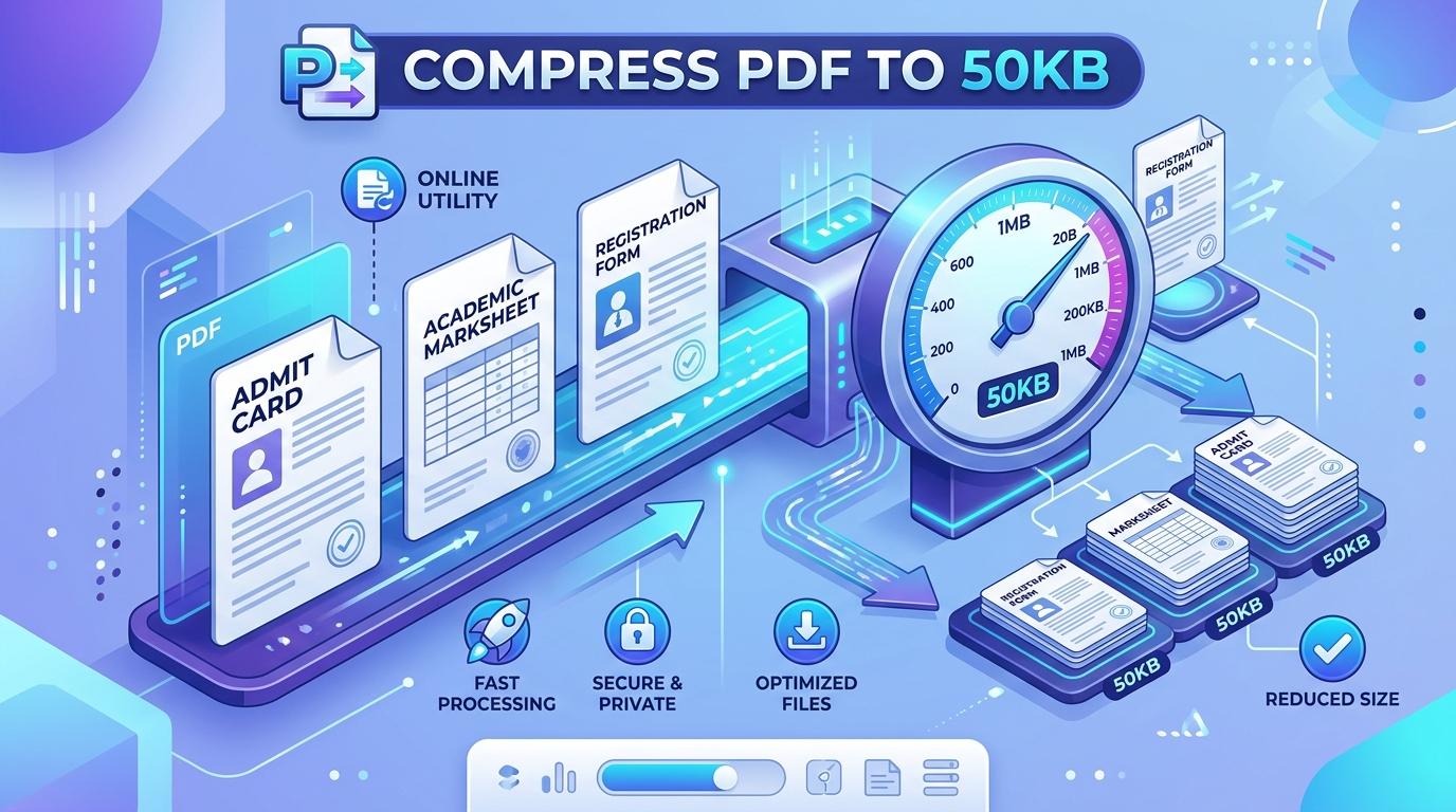 Infographic showing how to compress PDF to 50KB online with precision reduction for admit cards and marks sheets