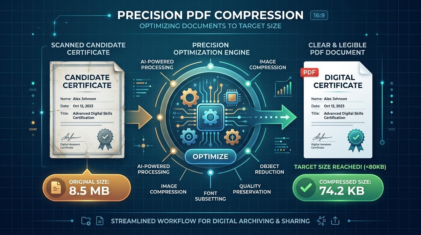 Infographic illustrating how to compress PDF to 80KB online with precision reduction for official forms and academic certificates