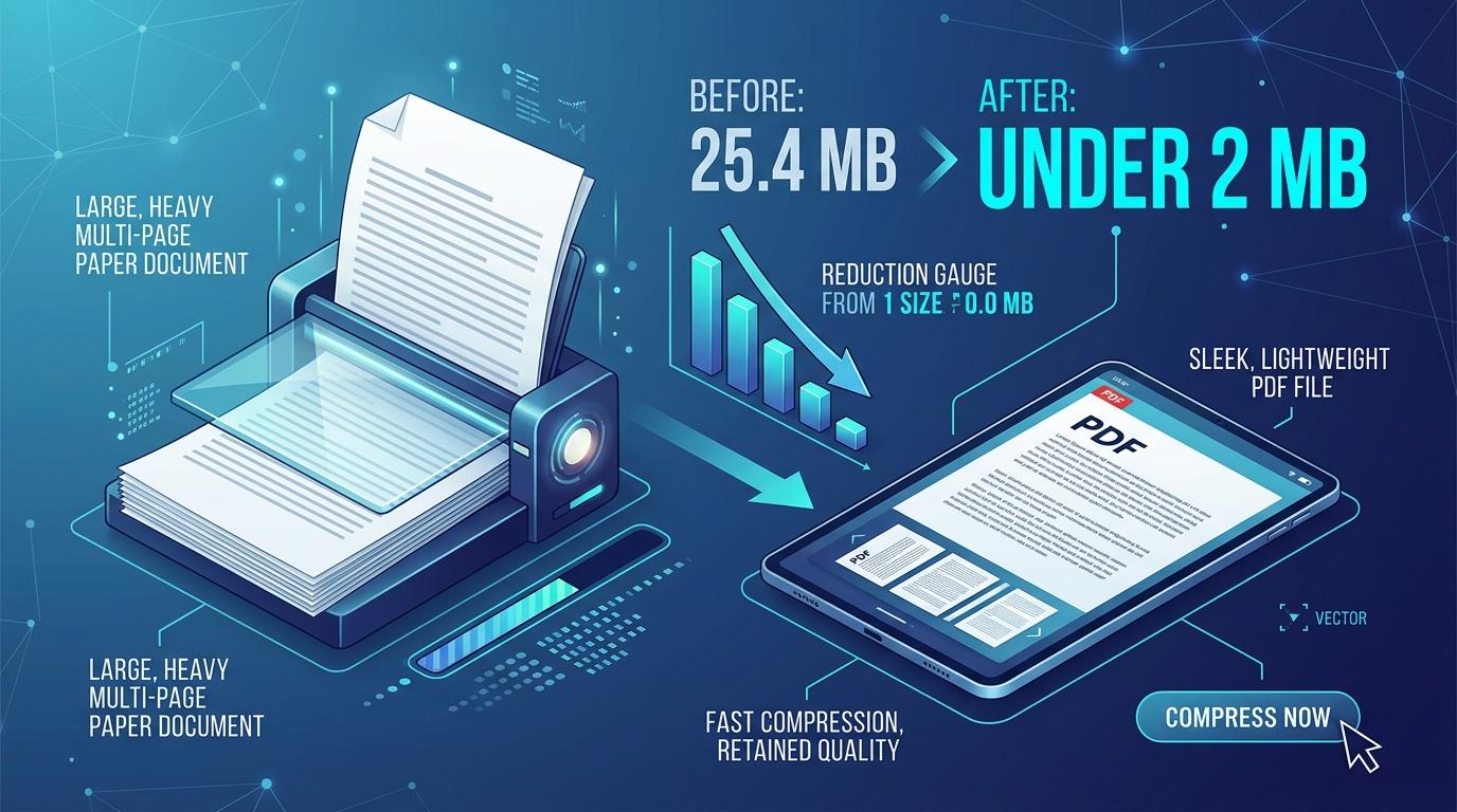 Infographic illustrating how to compress scanned PDF documents from heavy scans down under 2MB