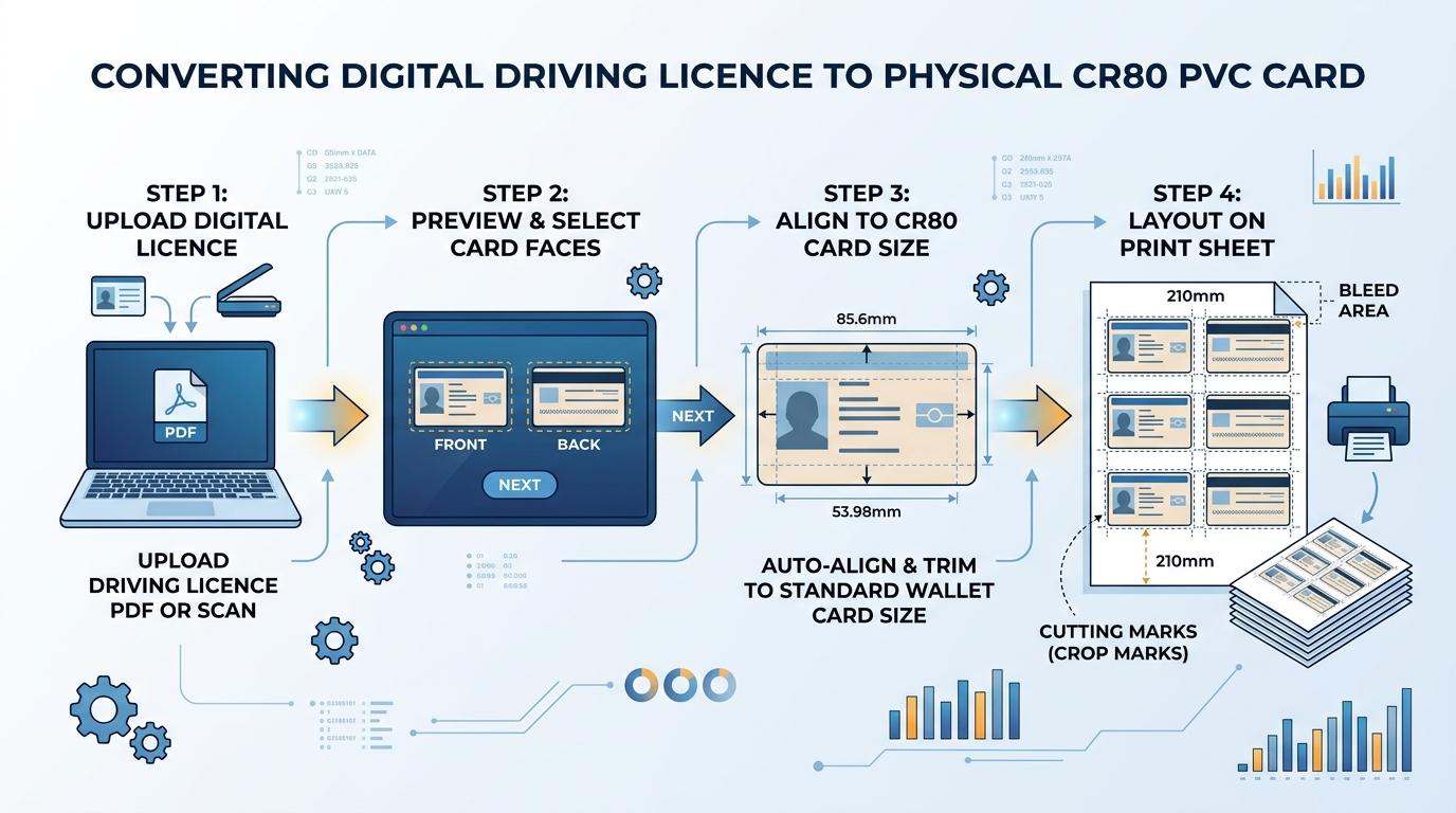 Driving Licence PVC Cropping, Sizing, and Print Layout Process Visual Guide
