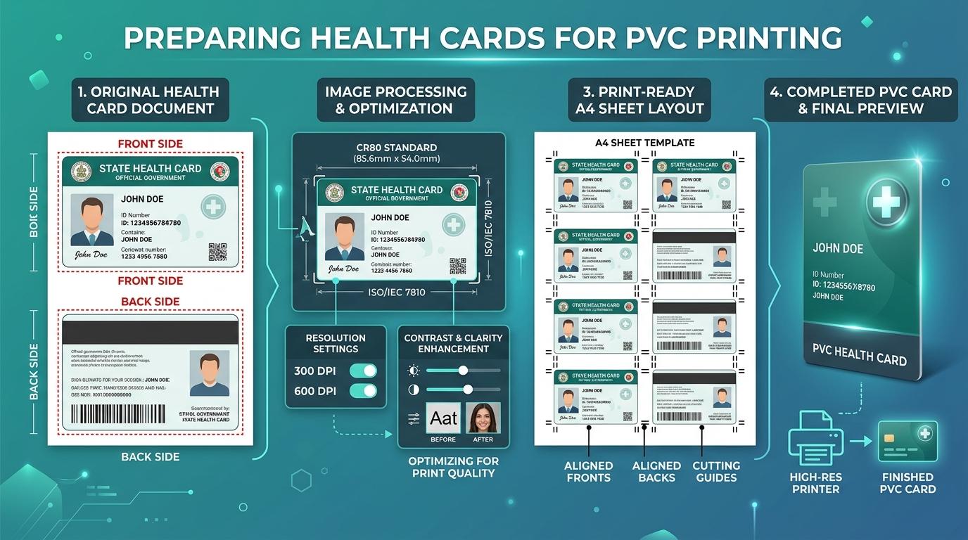 Health Card PVC Cropping, Sizing, and Print Layout Process Visual Guide