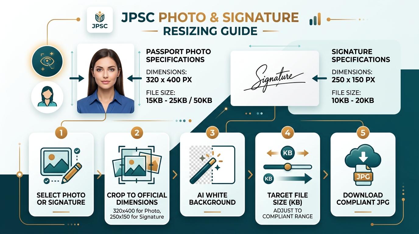 JPSC Photo and Signature Resizing, Cropping, and Compression Process Visual Guide
