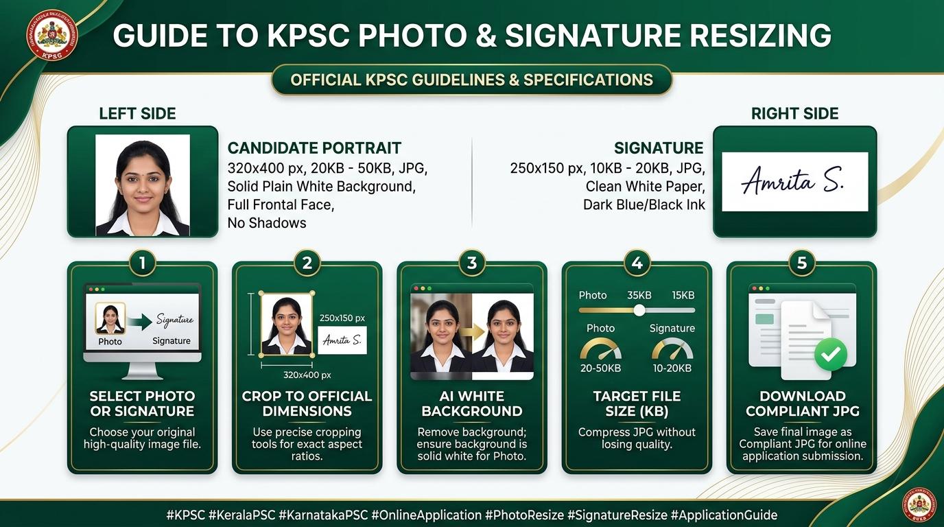 KPSC Photo and Signature Resizing, Cropping, and Compression Process Visual Guide