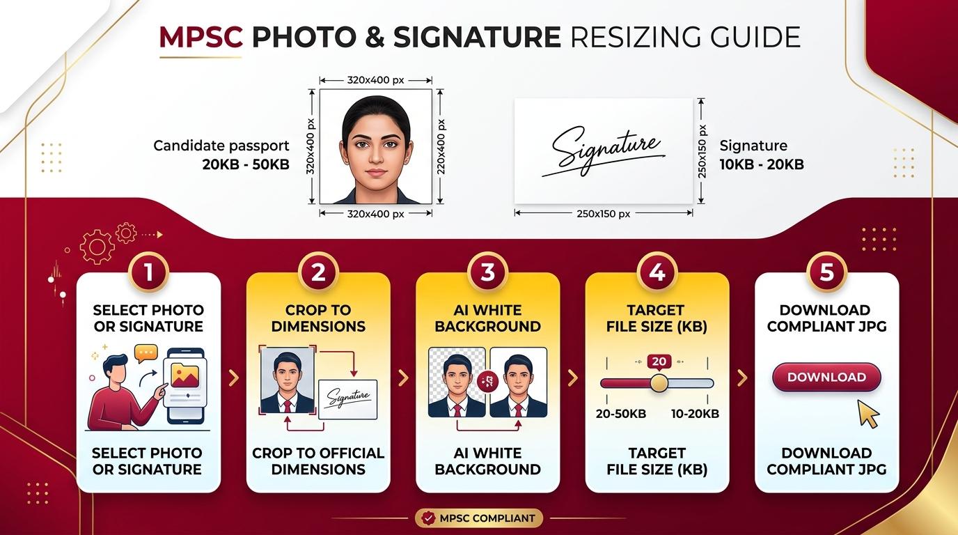 MPSC Photo and Signature Resizing, Cropping, and Compression Process Visual Guide