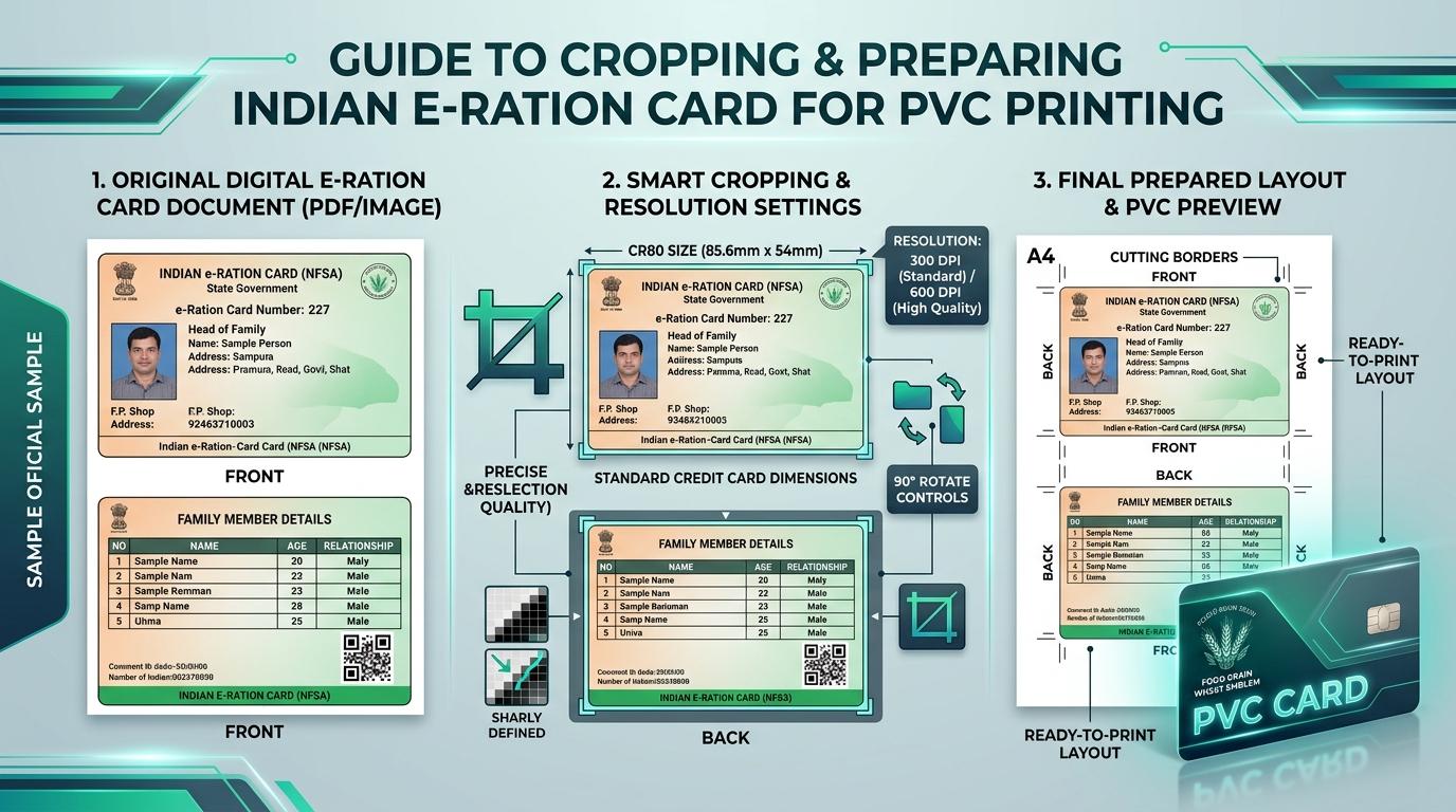 Ration Card PVC Cropping, Sizing, and Print Layout Process Visual Guide