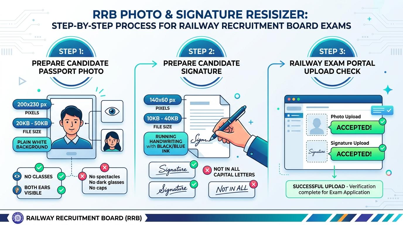 RRB Photo and Signature Resizing, Cropping, and Compression Process Visual Guide