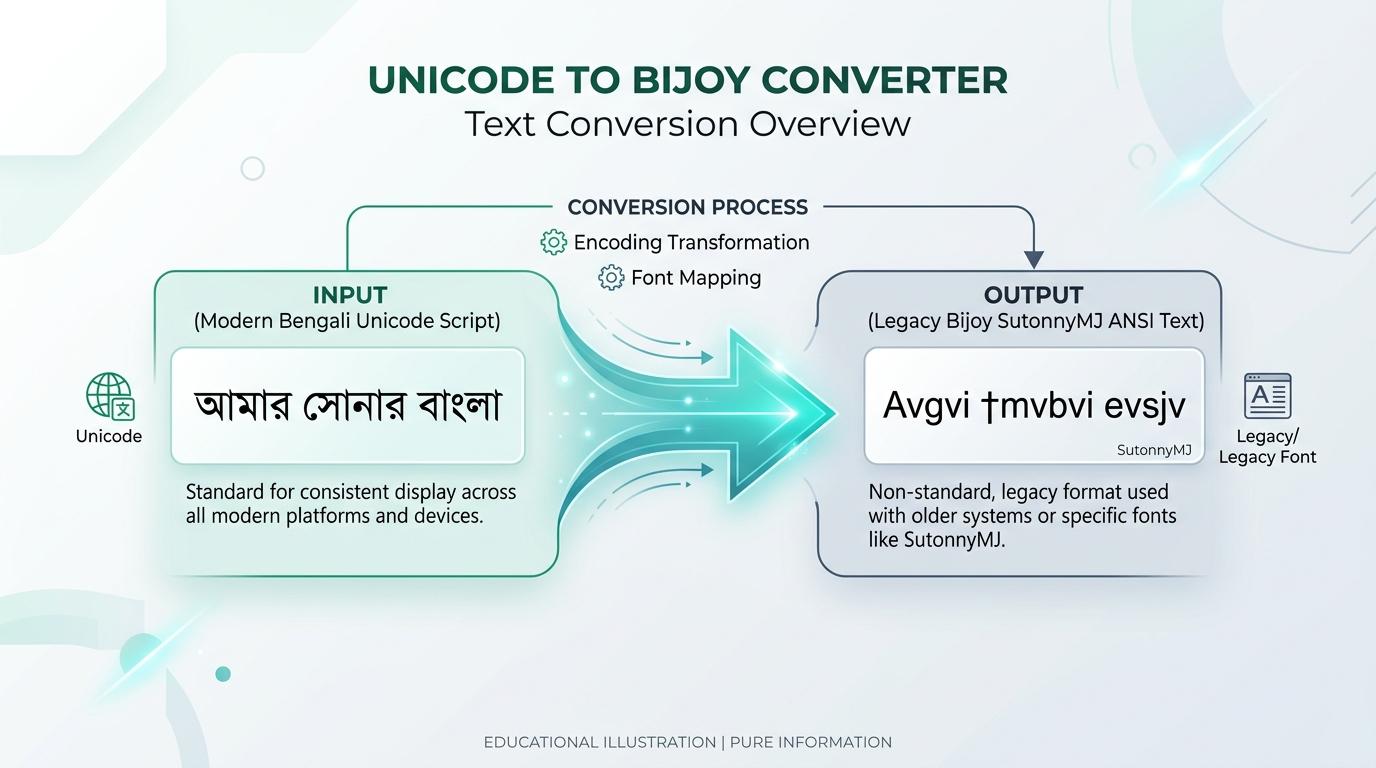 Visual guide showing how to convert Unicode Bengali text to Bijoy SutonnyMJ format