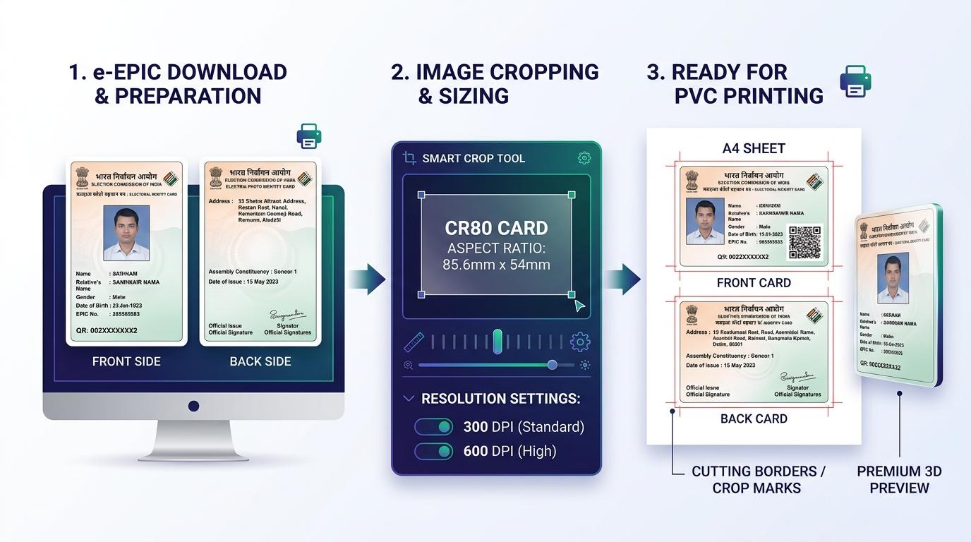 Voter ID PVC Card Cropping, Sizing, and Print Layout Process Visual Guide