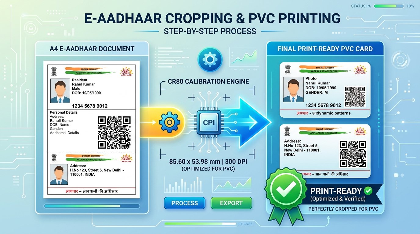 Diagram of the e-Aadhaar cropping process from a full A4 letter to a CR80 PVC card