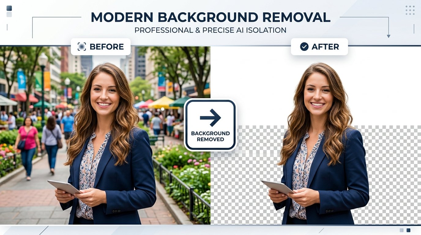 Before and after background removal preview showing transparent cutout and solid studio white background