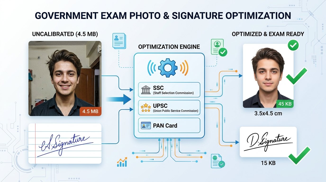 Infographic showing government exam photo and signature resizing workflow for SSC, UPSC, and PAN Card portals