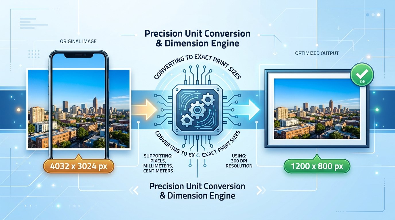 Infographic illustrating image dimension resizing from unformatted smartphone photo to exact 1200x800px output