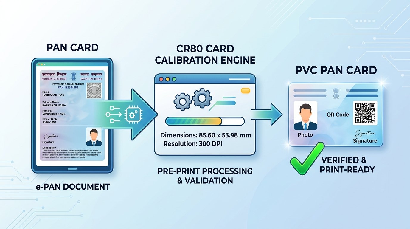 Infographic illustrating e-PAN document conversion into a standard plastic CR80 PVC card at 300 DPI