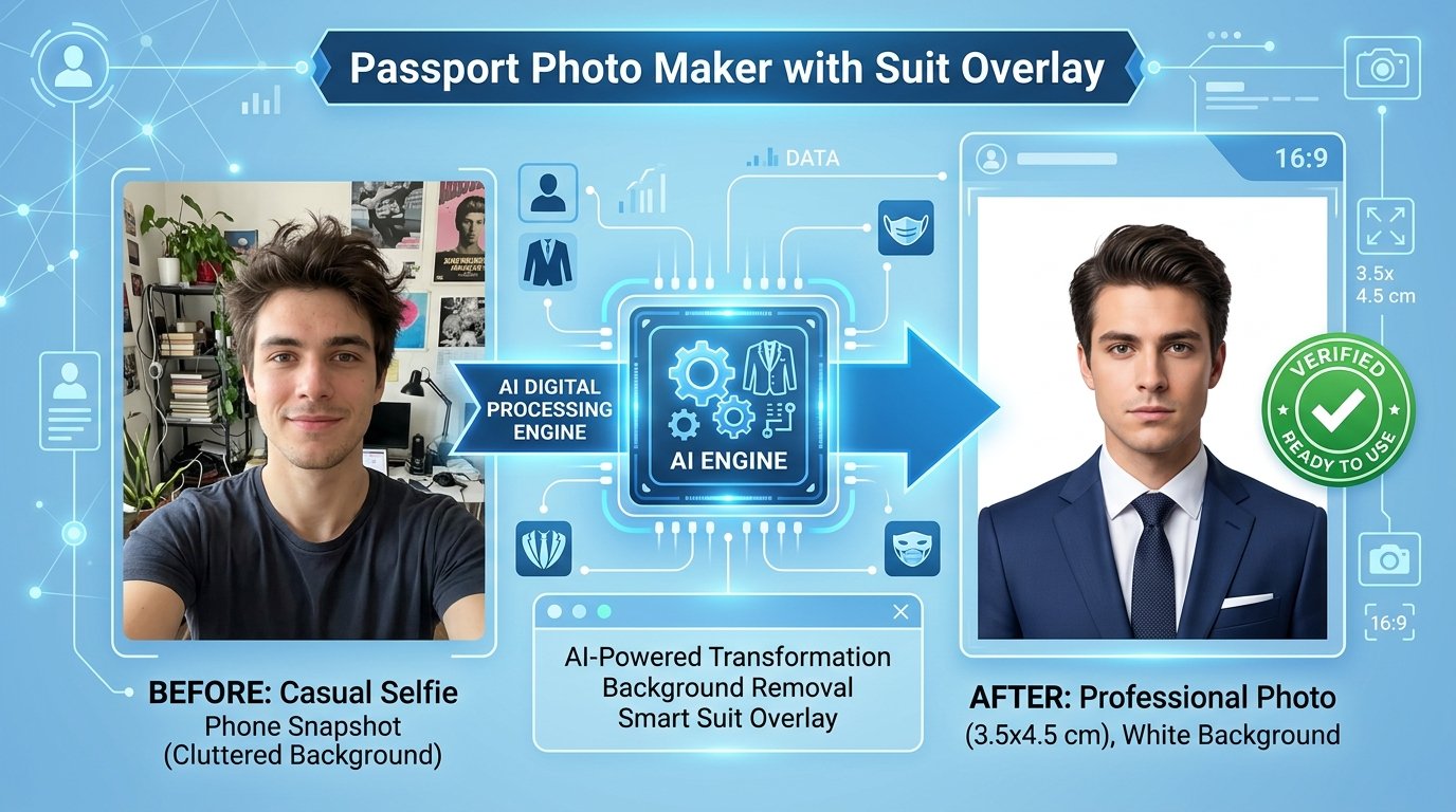 Infographic showing passport photo maker transformation with background removal and formal suit overlay