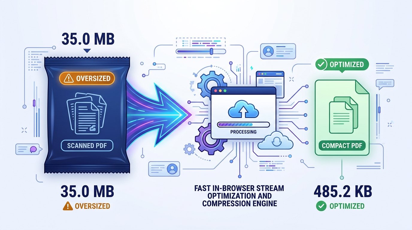 Infographic illustrating free PDF file size reduction from 35.0MB to 485.2KB