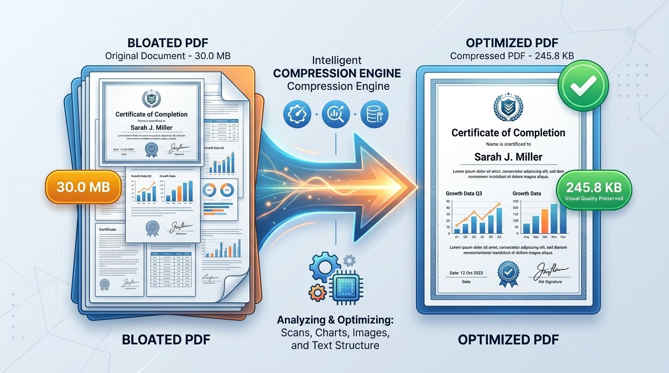 Infographic illustrating PDF size reduction while preserving visual quality from 30.0MB to 245.8KB