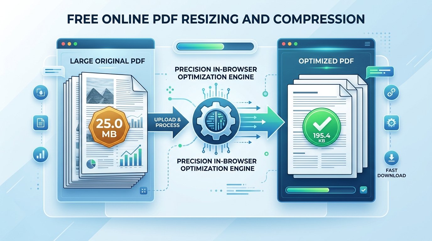Infographic illustrating free online PDF resizing and compression reducing file size from 25.0MB to 195.4KB