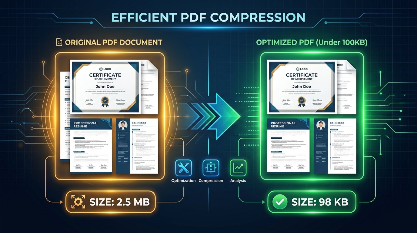 Infographic showing PDF document compression process reducing file size from 2.5MB to under 100KB