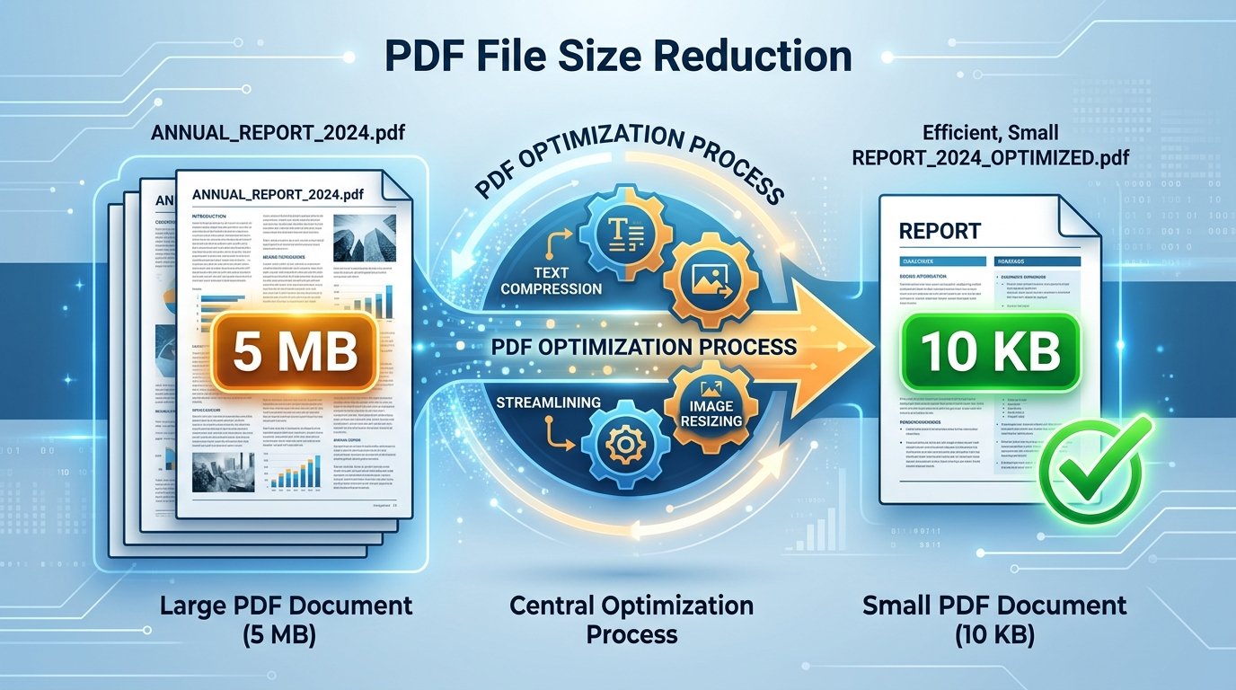 Infographic showing PDF document compression process reducing file size from 5MB to 10KB