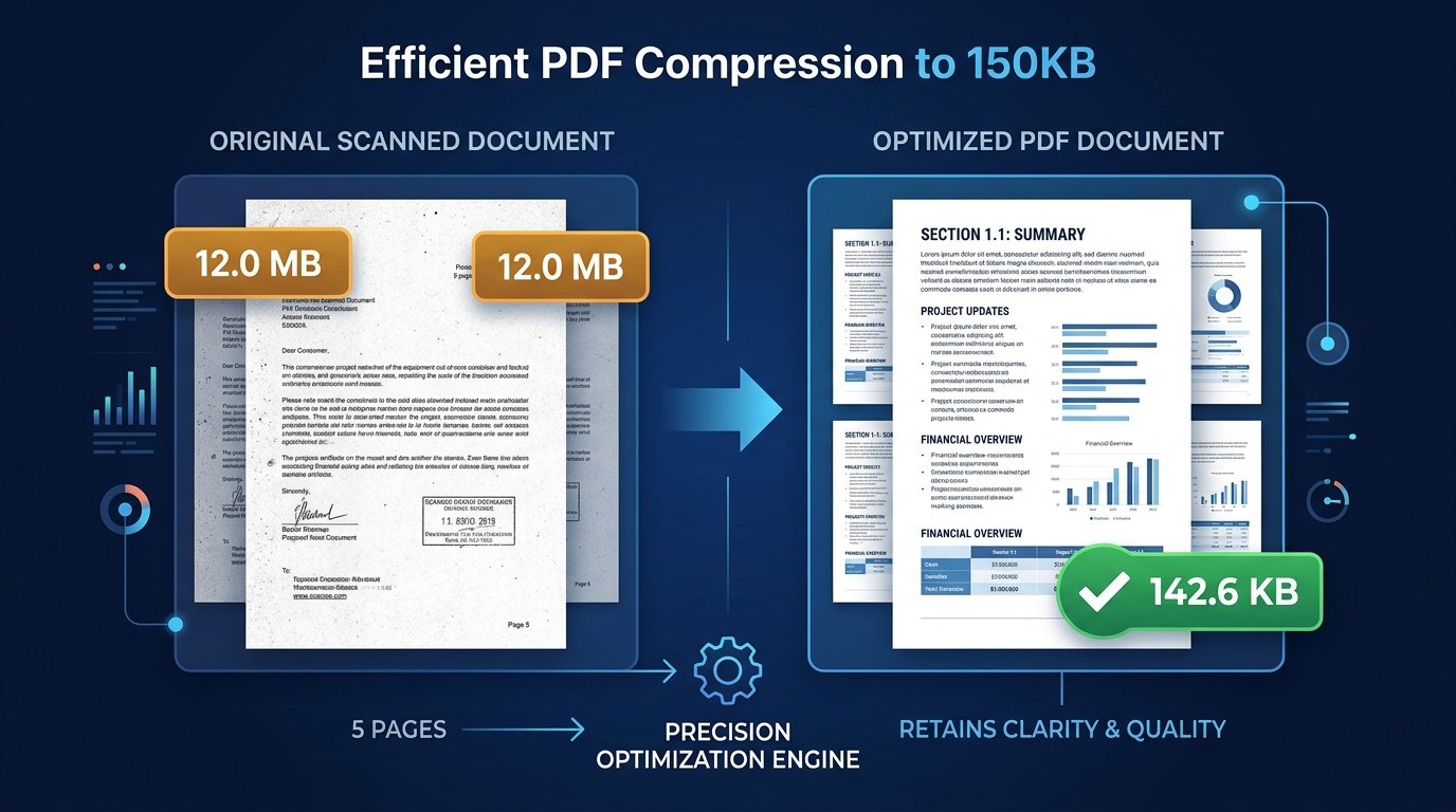 Infographic illustrating PDF document compression reducing file size from 12.0MB to under 150KB