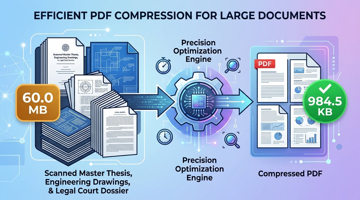 Infographic illustrating PDF document compression reducing file size from 60.0MB to under 1MB