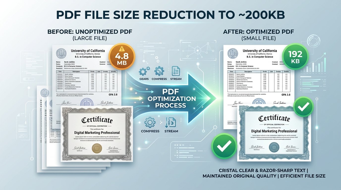 Infographic showing PDF document compression process reducing file size from 4.8MB to under 200KB