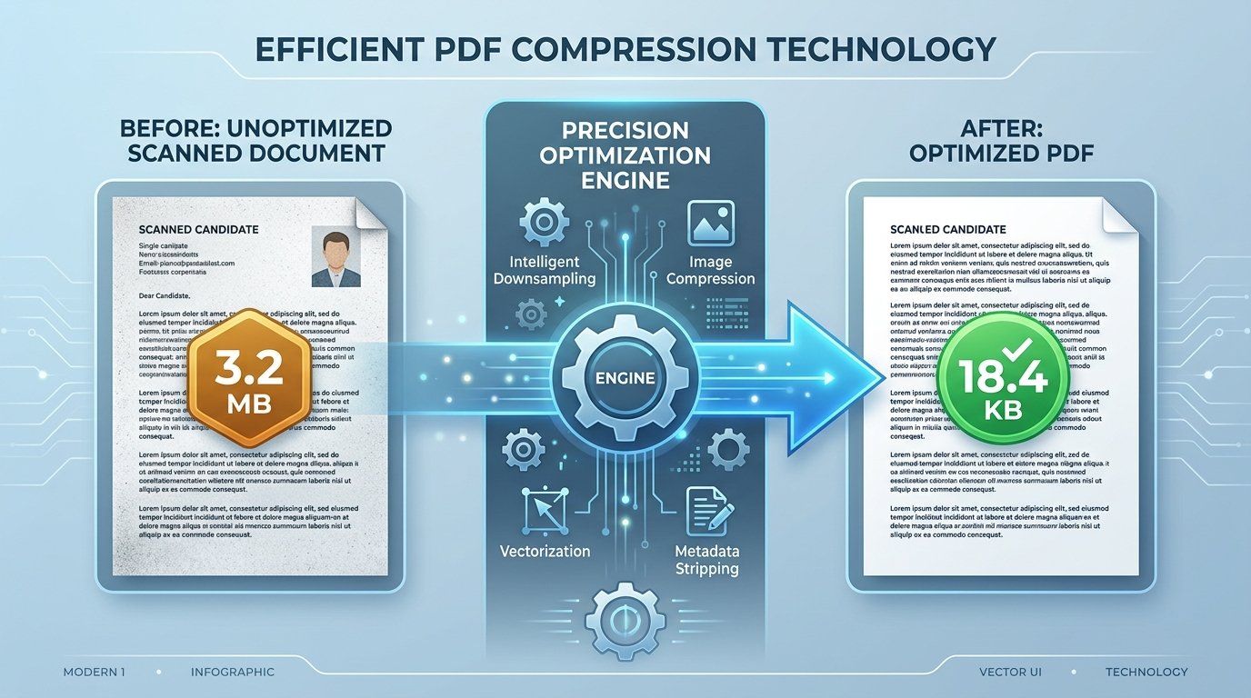 Infographic showing PDF document compression process reducing file size from 3.2MB to under 20KB